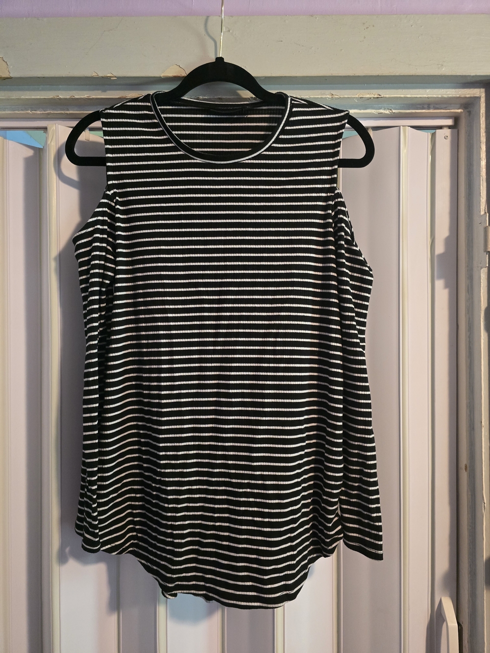 Apt. 9 Black and White Striped Cold-Shoulder Tank